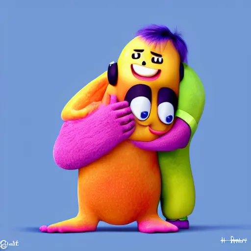 Image similar to happy cute friendly fun hugging tutti frutti characters, pixar, digital, vivid, hyperdetailed