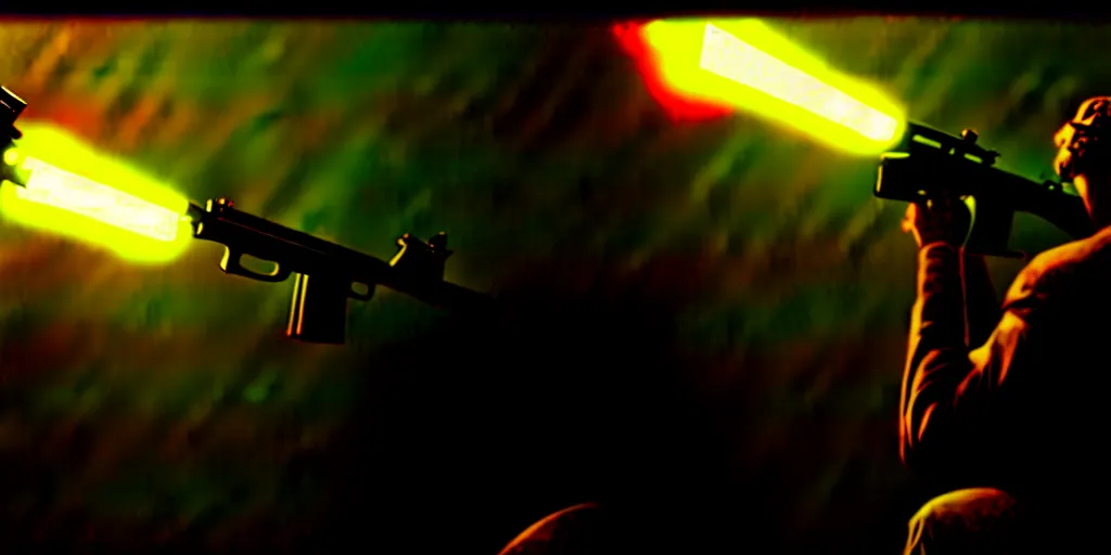 Prompt: high detail movie still of ultra realistic spongebob squarepants shooting an ak - 4 7 machine gun with muzzle flash, cinematic framing rule of thirds, cinematic light, hard shadows, in the style of the movie lone survivor,