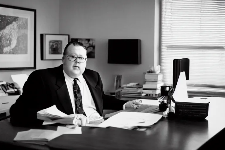 Image similar to cinematic film still from 1994 film: portly clean-shaven white man wearing suit and necktie at his desk. He has his right leg and foot propped up on his desk. XF IQ4, f/1.4, ISO 200, 1/160s, 8K, RAW, dramatic lighting, symmetrical balance, in-frame