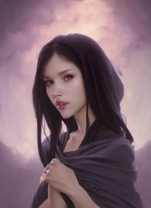 Image similar to girl, portrait, devil smile, ice magic, long face, sharp features, black hair, dark robe, dnd, art by artgerm and greg rutkowski and alphonse mucha, trending on artstation, cinematic light, pastel colors, volumetric shading, high radiosity dull skin, global illumination, radiant light, soft light, soft color dodge, subsurface scattering