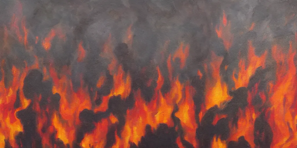 Prompt: New York fire, flames everywhere, aerial view, realistic, oil on canvas, 8k, high def, macro detail