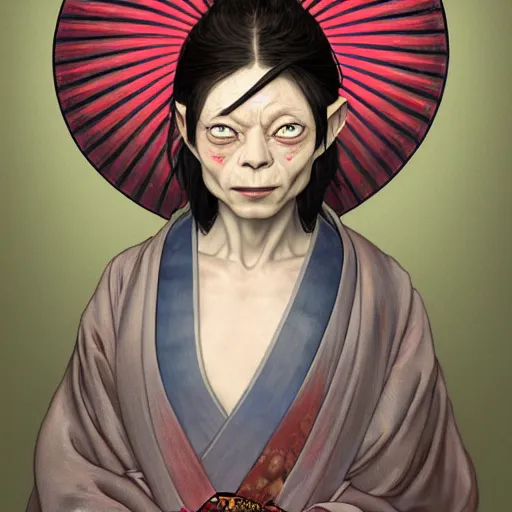 Prompt: clear portrait of gollum from lord of the rings dressed as a japanese geisha, background hyper detailed, character concept, full body, dynamic pose, glowing lights, intricate, elegant, highly detailed, digital painting, artstation, concept art, smooth, sharp focus, illustration, art by artgerm and greg rutkowski and alphonse mucha