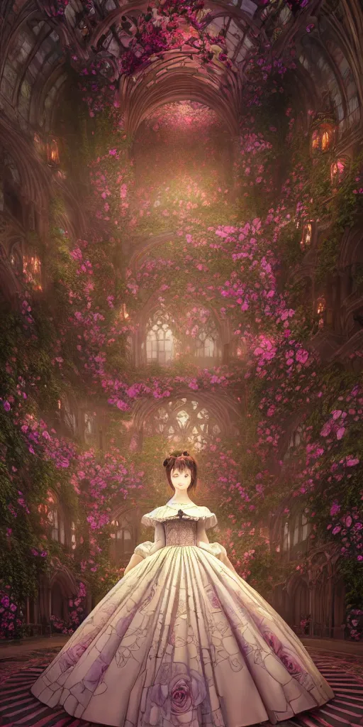 Prompt: the beautiful hyperdetailed physical rendering of a single rose wedding gothic lolita dress clothing design display in show in front of your eyes, perfectly shaded, atmospheric lighting, in the style of makoto shinkai, raphael lacoste louis comfort tiffany, stanley artgerm lau, wlop, rossdraws, 8 k hd, 3 drender, super close lens