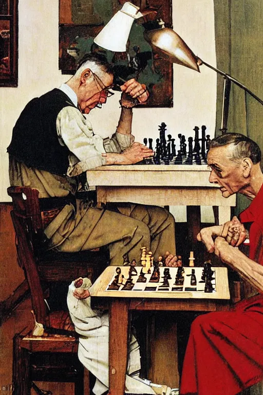 Image similar to franco battiato playing chess painted by norman rockwell
