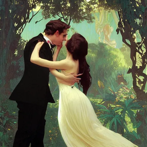 Prompt: young couple dancing, robert pattison wearing tuxedo spinning bella hadid wearing green dress, flowing hair, fine details by realistic shaded lighting poster by ilya kuvshinov katsuhiro otomo, magali villeneuve, artgerm, jeremy lipkin and michael garmash and rob rey, art nouveau, alphonse mucha, william - adolphe bouguereau