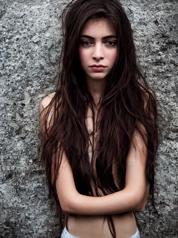 Prompt: hyperdetailed photo of a beautiful french girl, brown eyes, dark hair, winds of winter, with ripped transparent t - shirt