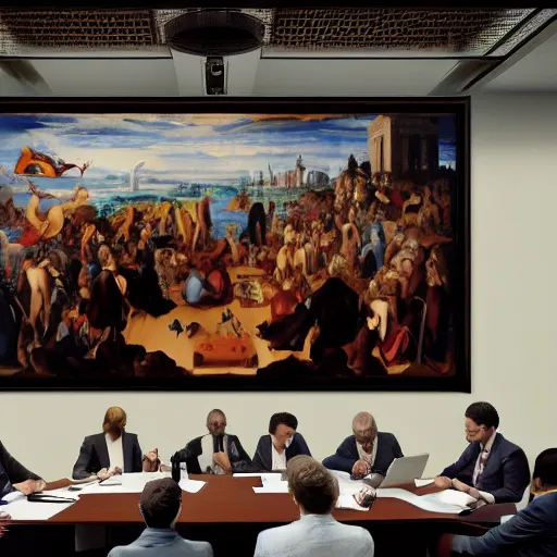 Prompt: HD photo of a boardroom filled with eldritch abominations wearing business suits. Composition reminiscent of a Renaissance oil painting.