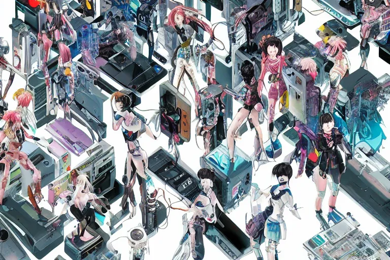 Image similar to cyberpunk anime illustration of a group of female android dolls lying in various poses over an spacious, empty white floor background with their bodies open showing wires and cables coming out, by katsuhiro otomo and masamune shirow, hyper-detailed, colorful, beautiful, bird view