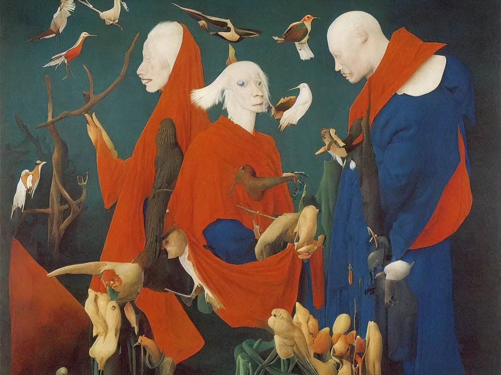 Image similar to Portrait of albino mystic with blue eyes, with exotic hoopoe. Painting by Jan van Eyck, Audubon, Rene Magritte, Agnes Pelton, Max Ernst, Walton Ford