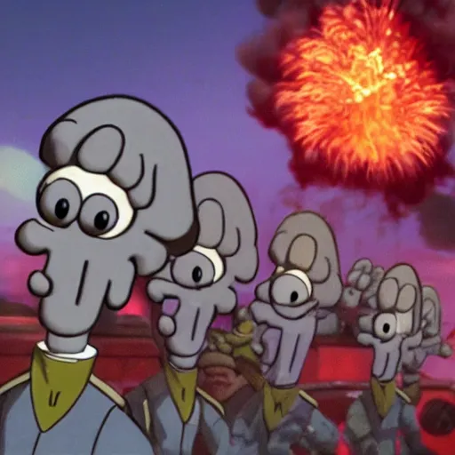 Prompt: squidward as a military leader with explosions behind him