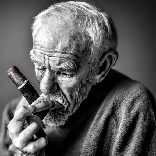 Image similar to close-up of a sad tired old man smoking a pipe, XF IQ4, 150MP, 50mm, f/1.4, ISO 200, 1/160s, natural light, Adobe Photoshop, Adobe Lightroom, DxO Photolab, Corel PaintShop Pro, rule of thirds, symmetrical balance, depth layering, polarizing filter, Sense of Depth, AI enhanced