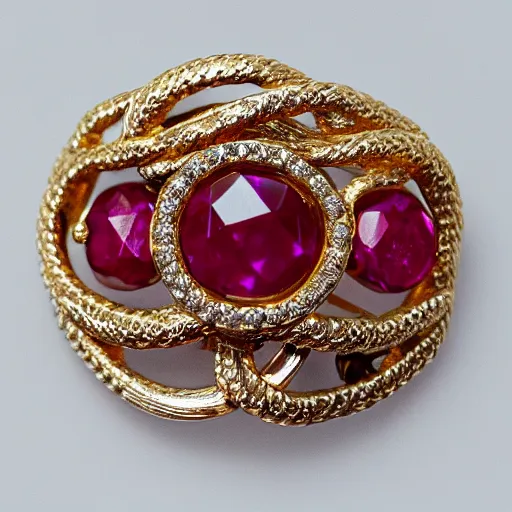 Prompt: ornate gold ouroboros ruby jewelry macro product photo