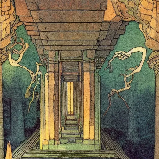 Prompt: highly detailed illustration of an ancient temple filled with magical energy by edmund dulac and android jones, scans from museum collection, opical illusion, mind blowing, strange