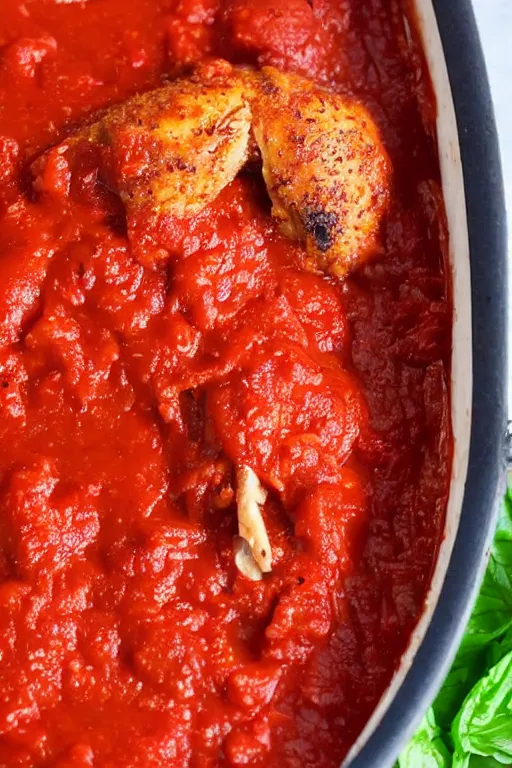 Image similar to a chicken dipping itself on a hot marinara sauce