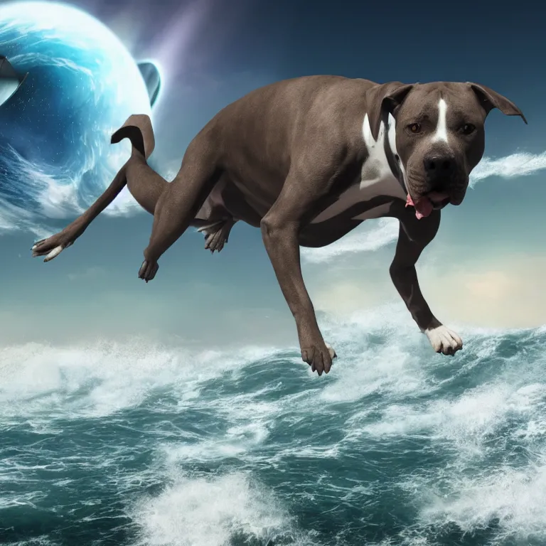 Image similar to photo of a skinny dark gray coat pit bull with a white paws and a white nose!, surfing on a surfboard in a crashing wave of alien galaxy, trending on art station, ocean in space, background is an alien galaxy, aliens in the background, alien colors, octane render, unreal engine, wide view, 8 k, highly detailed