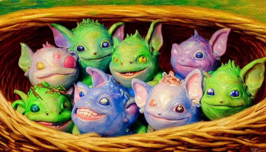 Image similar to highly detailed painting of boglins cuddling up in a basket by william turner, thick brush strokes and visible paint layers, 4 k resolution