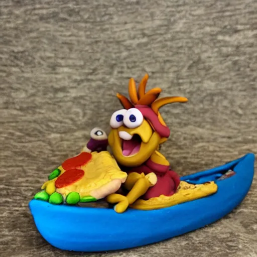 Image similar to polymer clay dragons in a canoe, eating pizza, claymation