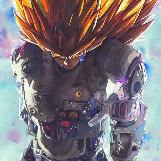 Image similar to a watercolor painting of a cyborg super saiyan with a broken halo floating over their head in the style of cyberpunk in the style of moebius trending on artstation deviantart pinterest hyper detailed photorealistic highlights and shadow hd 8 k post - processing high resolution