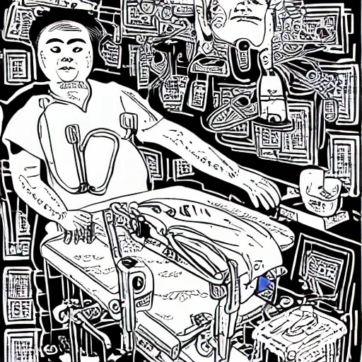 Image similar to chinese surgery operating table, in the style of daniel johnston and outsider art, 8k, line brush, overlaid with chinese adverts