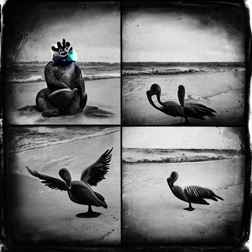 Image similar to a wet plate photo of shrek with tattoos, laying on the beach, pelicans, sunny, tide, beautiful, black and white