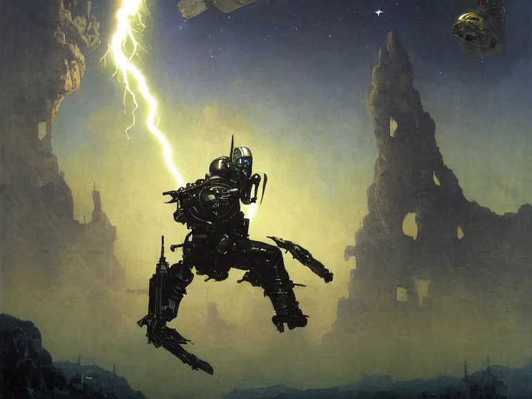 Image similar to a detailed profile painting of a bounty hunter in armour and visor, cinematic sci-fi poster. Spaceship high in the background. Flight suit, anatomy portrait symmetrical and science fiction theme with lightning, aurora lighting clouds and stars. Clean and minimal design by beksinski carl spitzweg and tuomas korpi. baroque elements. baroque element. intricate artwork by caravaggio. Oil painting. Trending on artstation. 8k