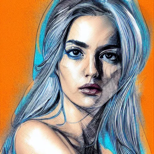 Image similar to bemused to be in jail portrait of an italian actress looking straight on, complex artistic color ink pen sketch illustration, full detail, gentle shadowing, fully immersive reflections and particle effects, concept art by artgerm