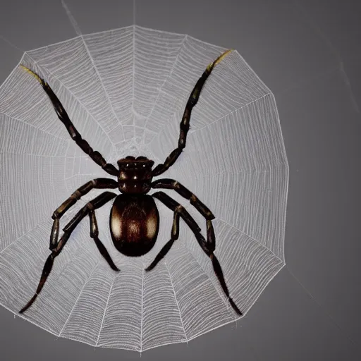 Image similar to a beautiful high - quality photo of a large spider sitting in the center of its web, studio lighting, 8 k