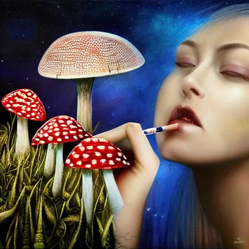 Image similar to beautiful woman smoking weed with amanita muscaria, hyperreal, ethereal, realistic, extremely detailed, space background
