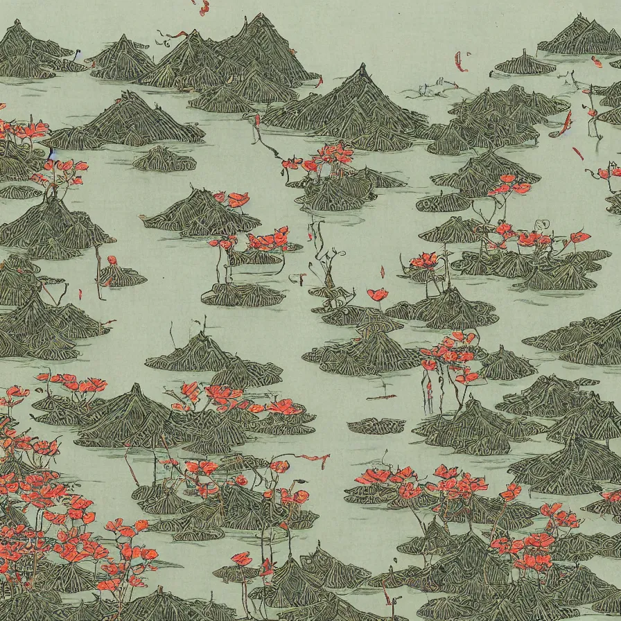 Prompt: Artwork illustrating a swamp with many withered lotus plants on the West Lake with pagodas in the background during the Tang Dynasty.