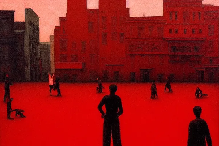 Image similar to only with red, crowd cheering a lot, an exposed picture in a city square, in the style of beksinski, parts by edward hopper, parts by rodcenko, parts by yue minjun, intricate and epic composition, red by caravaggio, insanely quality, highly detailed, masterpiece, red light, artstation, 4 k