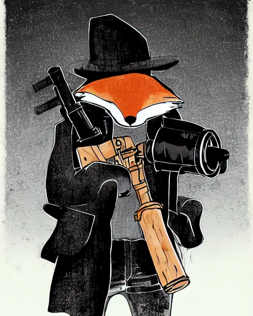 Image similar to a fox wearing a black trench - coat holding a mini - gun, comic art style, digital art,