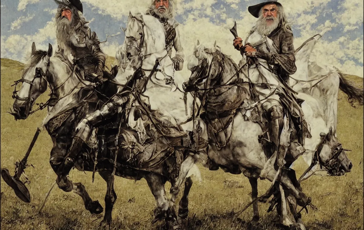 Image similar to A portrait of Sean Connery as gandalf the grey riding a white horse in minas tirith by Norman Rockwell