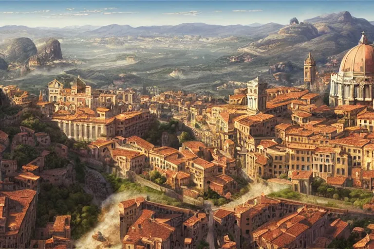 Image similar to an ultra detailed matte landscape painting of an italian renaissance capital city built on top of a large hill sweeping vista, italian renaissance architecture, ultrawide lense, aerial photography, 8 k, volumetric lighting, smooth, highly detailed, digital illustration, art by greg rutkowski and akira toriyama and artgerm