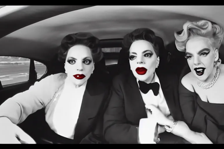 Image similar to lady gaga and judy garland doing carpool karaoke, lady gaga and judy garland, carpool karaoke, lady gaga, judy garland, carpool karaoke, youtube video screenshot, the late late show with james corden, higly realistic, high resolution, dashcam