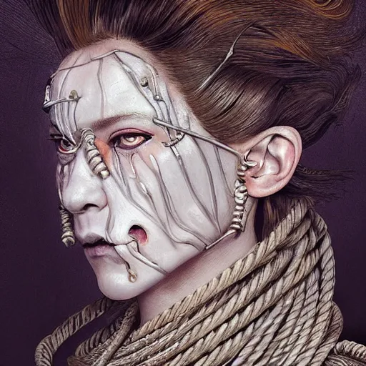 Image similar to portrait of a Shibari rope wrapped face and neck, headshot, insanely nice professional hair style, dramatic hair color, digital painting, of a old 17th century, old cyborg merchant, amber jewels, baroque, ornate clothing, scifi, realistic, hyperdetailed, chiaroscuro, concept art, art by Franz Hals and Jon Foster and Ayami Kojima and Amano and Karol Bak,