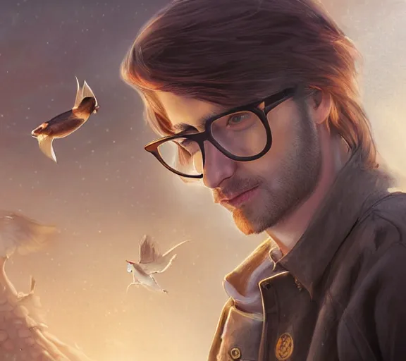 Prompt: a german young man with long brownish hair and glasses and short goatee, lying in a park next to mallards, art by charlie bowater and greg rutkowski and artgerma, lightroom hyperdetailed