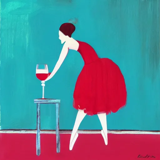 Image similar to square painting of a ballerina drinking wine in a teal room all on a red background