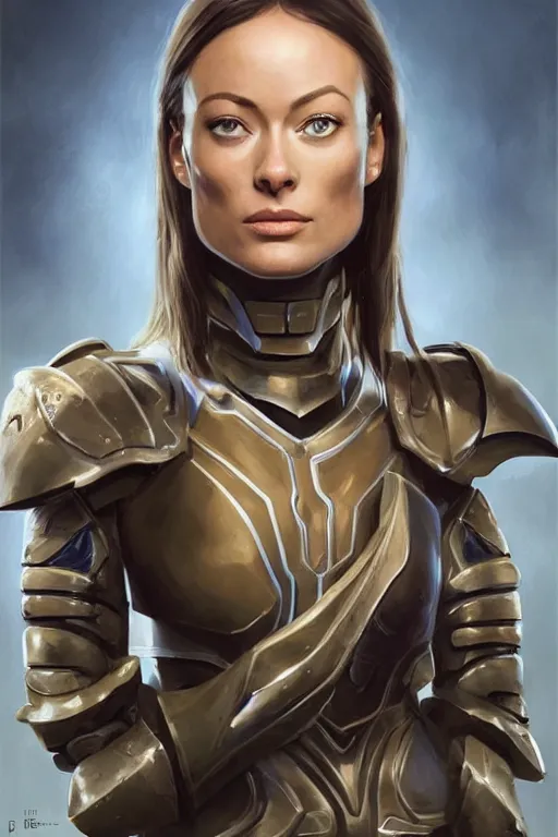 Image similar to a professional painting of a young Olivia Wilde, clothes in military armor, olive skin, long dark hair, beautiful bone structure, symmetrical facial features, intricate, elegant, digital painting, concept art, smooth, sharp focus, illustration, from StarCraft by Ruan Jia and Mandy Jurgens and Artgerm and William-Adolphe Bouguerea