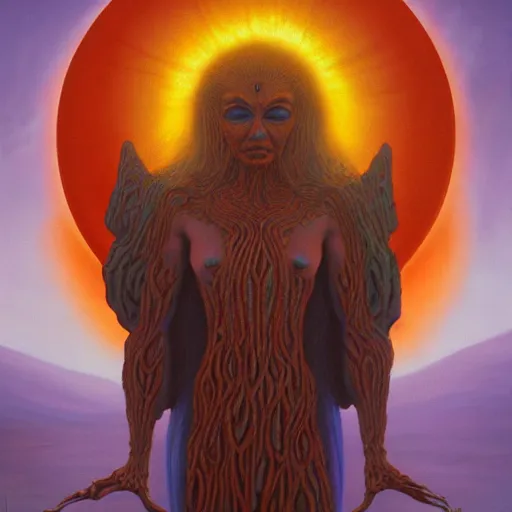Image similar to evil magnificent gorgeous queen of the sun, showing her true form, full body by zdzisław beksiński and jeffrey smith, oil on canvas, 8k high quality and resolution, professionally detailed, trending on artstation