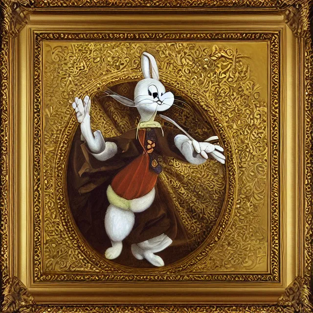 Prompt: renaissance oil painting of bugs bunny, intricately detailed golden frame