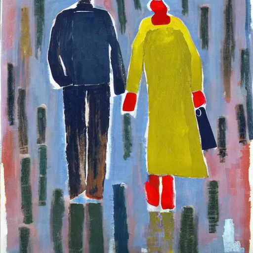 Prompt: couple walking in the rain in london, etel adnan,