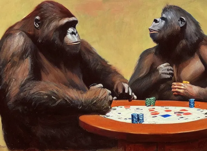 Image similar to gorrila with a bear, playing poker highly detailed beautiful, by gregory manchess, james gurney, james jean