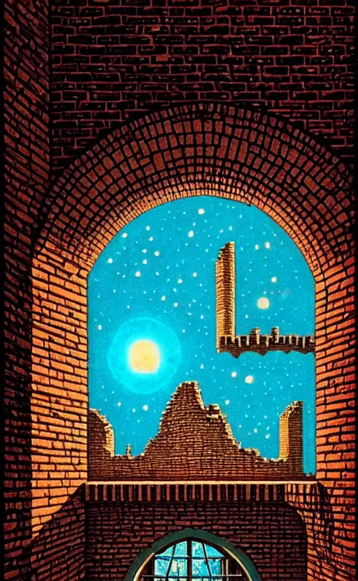 Image similar to ancient brickwall in a castle, round window looking out to the stars wizards mixing potions in his laboratory, high details, intricately detailed, by vincent di fate, inking, 3 color screen print, masterpiece, trending on artstation,, sharp, details, hyper - detailed, hd, 4 k, 8 k