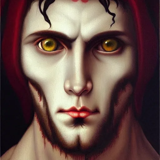 Prompt: attractive twenty first century male vampire beautiful eyes. highly detailed painting by michelangelo 8 k