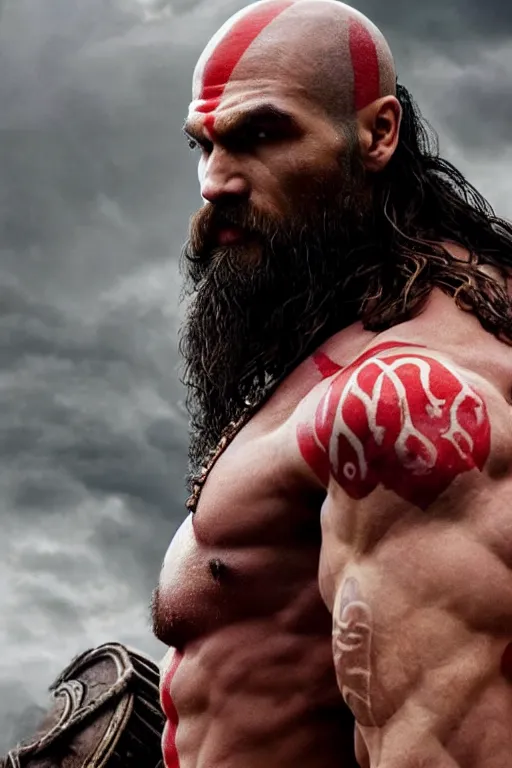Image similar to film still from god of war, a highly detailed beautiful closeup photo of jason momoa!! kratos with long! windblown wet hair! holding a sword and fighting zombies on a pile of human skulls, spartan warrior, olympian god, muscular!!!, masculine confident pose, ambient lighting, volumetric lighting, octane, fantasy
