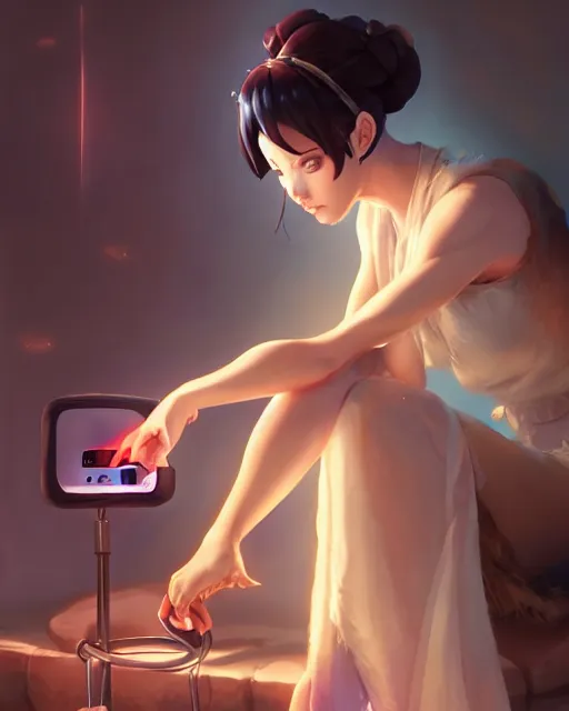 Image similar to goddess getting her blood pressure taken, ambient lighting, full shot, detailed face, 3 d shading, by makoto shinkai, stanley artgerm lau, wlop, rossdraws