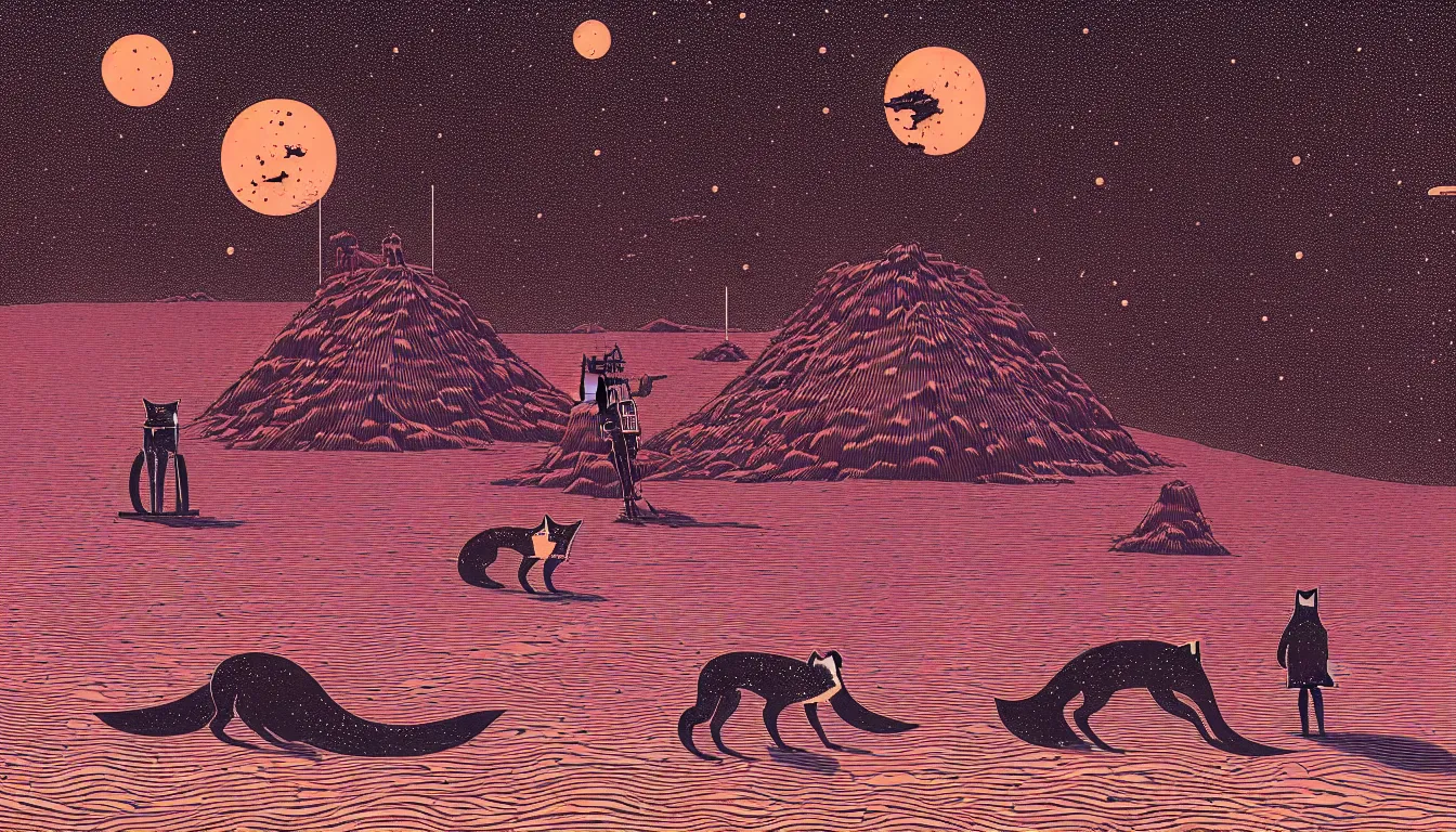 Image similar to a single fox and a robot rover standing on a red desert looking at the night sky by woodblock print, nicolas delort, moebius, victo ngai, josan gonzalez, kilian eng