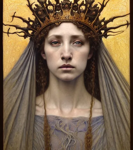 Image similar to detailed realistic beautiful young medieval queen face portrait by jean delville, gustave dore and marco mazzoni, art nouveau, symbolist, visionary, gothic, pre - raphaelite. horizontal symmetry by zdzisław beksinski, iris van herpen, raymond swanland and alphonse mucha. highly detailed, hyper - real, beautiful