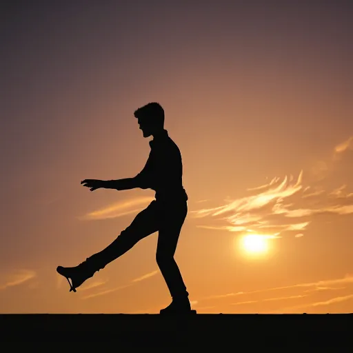 Prompt: elegant young man figure skating against setting sun, dramatic lighting, silhouette