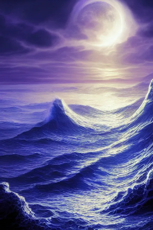Image similar to digital matte fantasy dreamy seascape rocks waves moonlight, artstation, behance, 8 k by alex grey